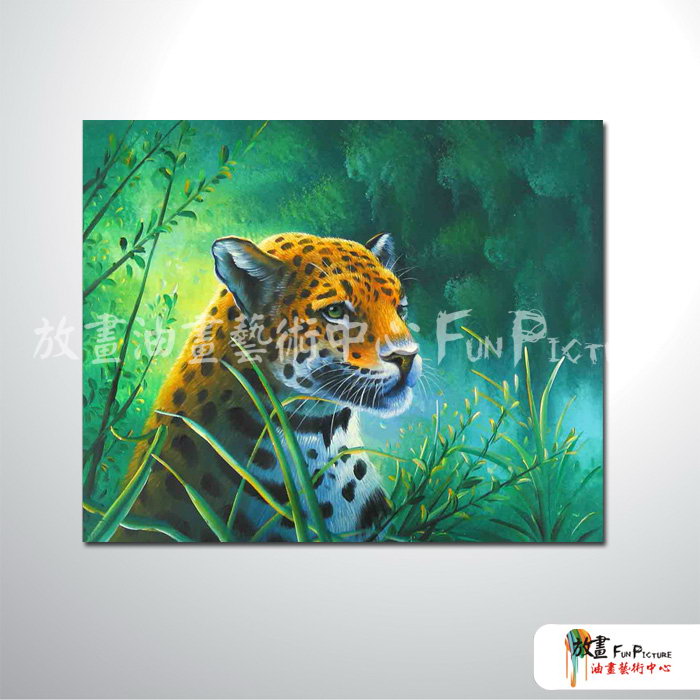 獵豹10 純手繪 油畫 橫幅 綠底 冷色系 動物 大自然 藝術畫 掛畫 民宿 餐廳 室內設計