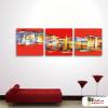 3拼抽象34 純手繪 油畫 方形*3 紅底 暖色系 色塊 裝飾 無框畫 民宿 餐廳 裝潢 室內設計