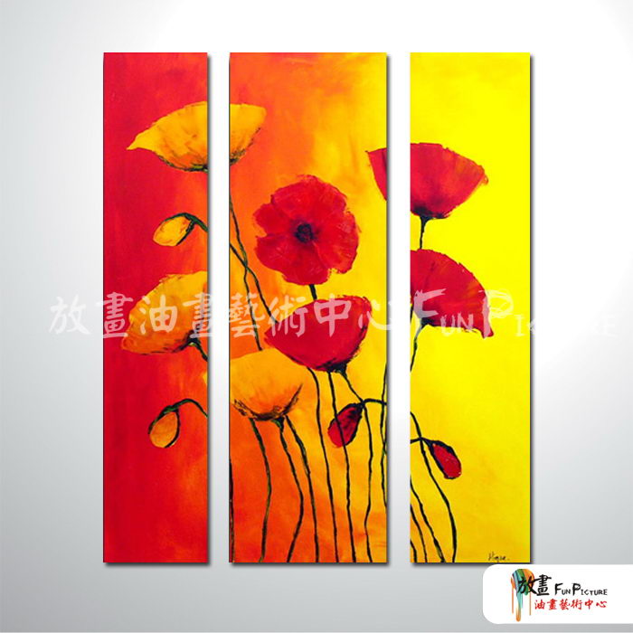 3拼花卉B04 純手繪 油畫 直幅*3 黃紅 暖色系 藝術品 裝飾 畫飾 無框畫 民宿 餐廳 室內設計