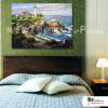 燈塔04 純手繪 油畫 橫幅 褐藍 中性色系 浪漫 沙灘 海灣 海浪 夕陽 裝潢 室內設計 客廳掛畫