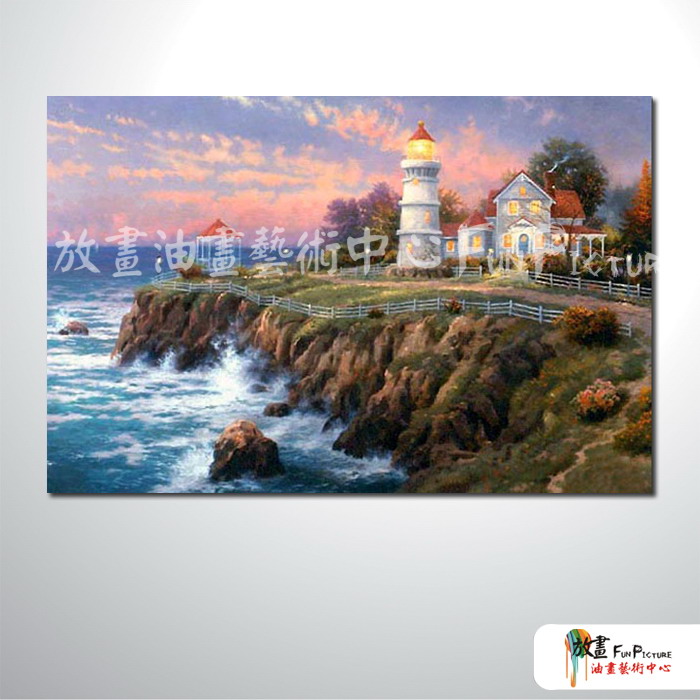 燈塔05 純手繪 油畫 橫幅 褐藍 中性色系 浪漫 沙灘 海灣 海浪 夕陽 裝潢 室內設計 客廳掛畫