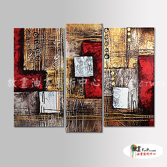 3拼抽象A006 純手繪 油畫 直幅*3 褐紅 暖色系 裝飾 幾何 無框畫 民宿 餐廳 裝潢 室內設計