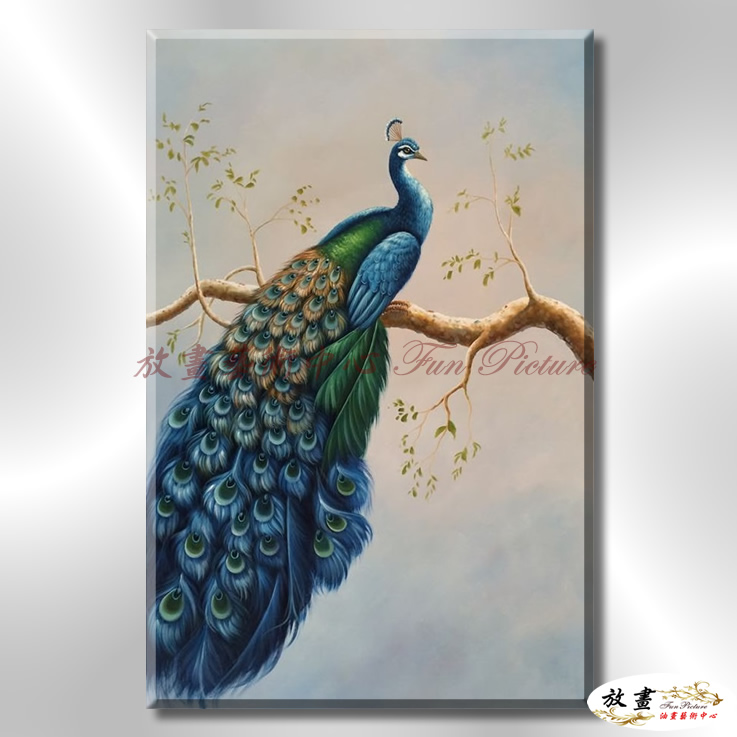 孔雀01 純手繪 油畫 直幅 藍綠 冷色系 高寫實 掛畫 藝品 龍鳯呈祥 鳥之王者 裝潢 室內設計