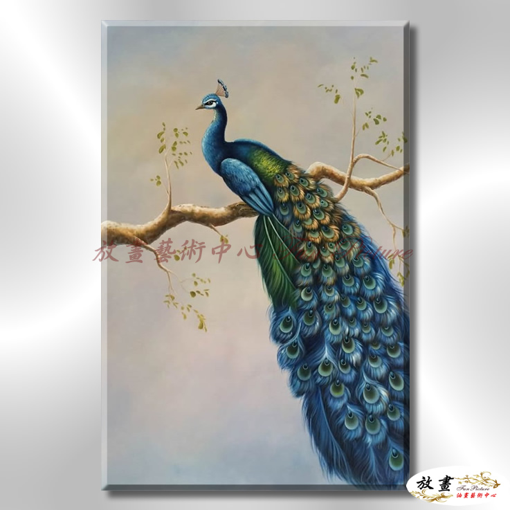 孔雀03 純手繪 油畫 直幅 藍綠 冷色系 高寫實 掛畫 藝品 龍鳯呈祥 鳥之王者 裝潢 室內設計