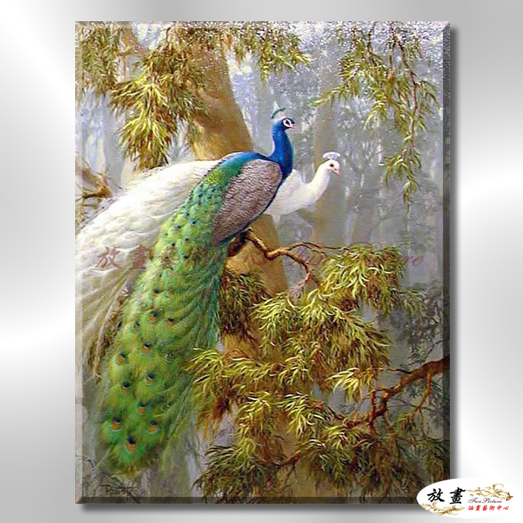 孔雀12 純手繪 油畫 直幅 綠褐 中性色系 高寫實 掛畫 藝品 龍鳯呈祥 鳥之王者 裝潢 室內設計