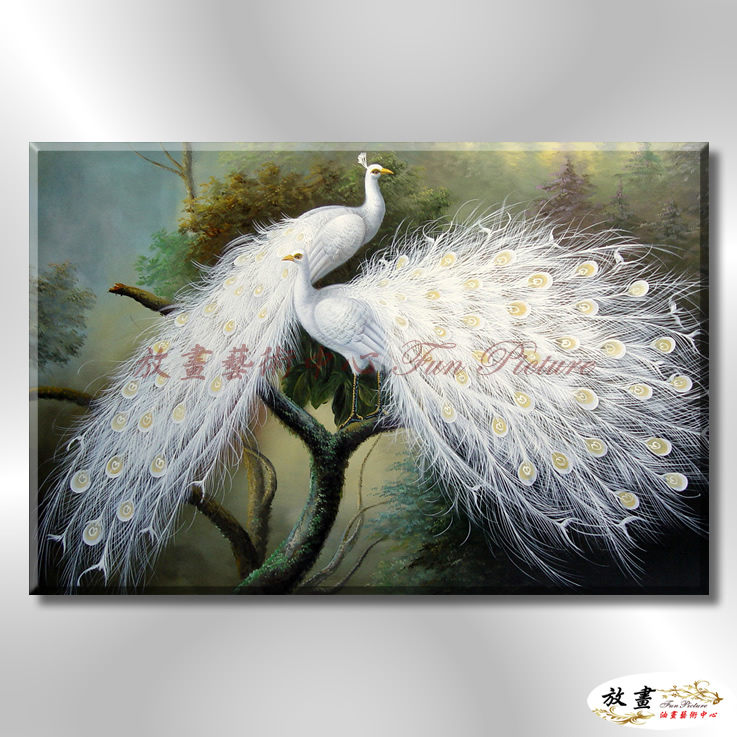 孔雀28 純手繪 油畫 橫幅 白綠 中性色系 高寫實 掛畫 藝品 龍鳯呈祥 鳥之王者 裝潢 室內設計