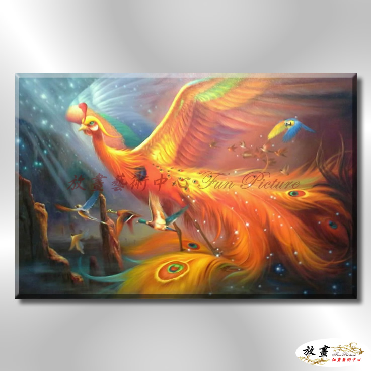 火鳳凰35 純手繪 油畫 橫幅 紅橙 暖色系 高寫實 掛畫 藝品 龍鳯呈祥 鳥之王者 裝潢 室內設計