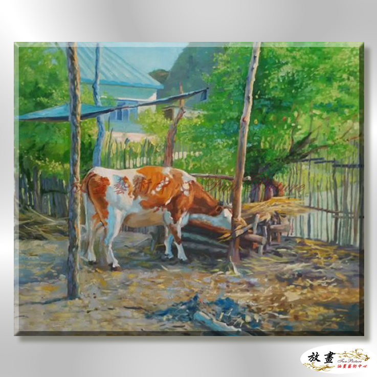 牛01 純手繪 油畫 橫幅 褐綠 中性色系 動物 大自然 藝術畫 掛畫 生肖 客廳 裝潢 室內設計