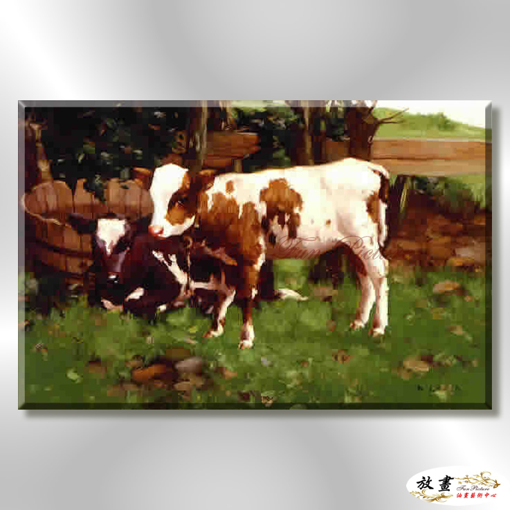 牛08 純手繪 油畫 橫幅 褐綠 中性色系 動物 大自然 藝術畫 掛畫 生肖 客廳 裝潢 室內設計