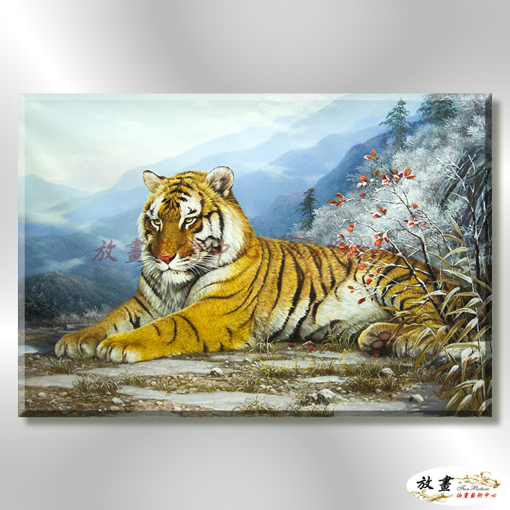 老虎01 純手繪 油畫 橫幅 褐藍 中性色系 動物 大自然 藝術畫 掛畫 生肖 客廳 裝潢 室內設計