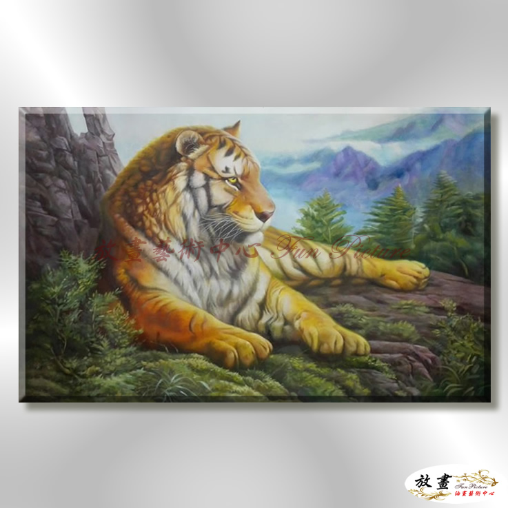 老虎11 純手繪 油畫 橫幅 褐綠 中性色系 動物 大自然 藝術畫 掛畫 生肖 客廳 裝潢 室內設計