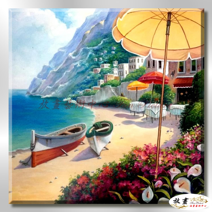 地中海風景De015 純手繪 油畫 方形 藍褐 中性色系 浪漫 歐式 咖啡廳 民宿 餐廳 海岸線 藝術品