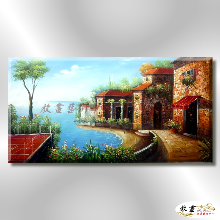 地中海風景De023 純手繪 油畫 橫幅 藍褐 中性色系 浪漫 歐式 咖啡廳 民宿 餐廳 海岸線 藝術品
