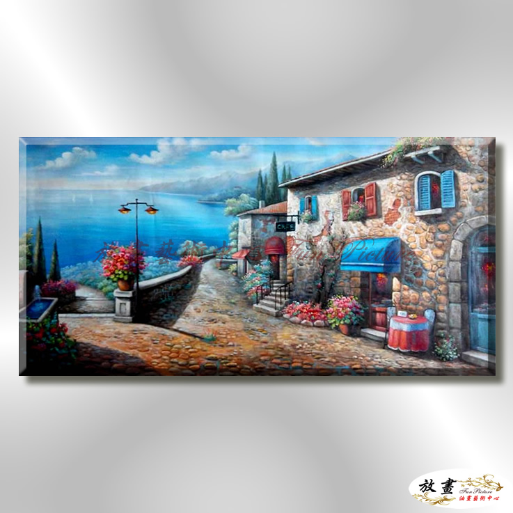 地中海風景De028 純手繪 油畫 橫幅 藍色 冷色系 浪漫 歐式 咖啡廳 民宿 餐廳 海岸線 藝術品