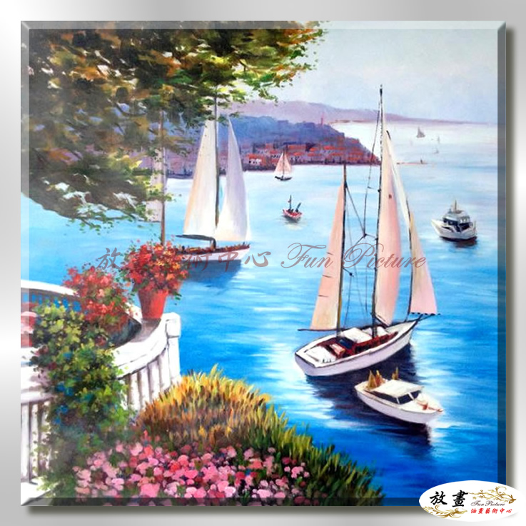 地中海風景De051 純手繪 油畫 方形 藍綠 冷色系 浪漫 歐式 咖啡廳 民宿 餐廳 海岸線 藝術品