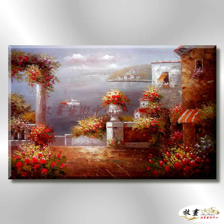 地中海風景De088 純手繪 油畫 橫幅 紅橙 暖色系 浪漫 歐式 咖啡廳 民宿 餐廳 海岸線 藝術品
