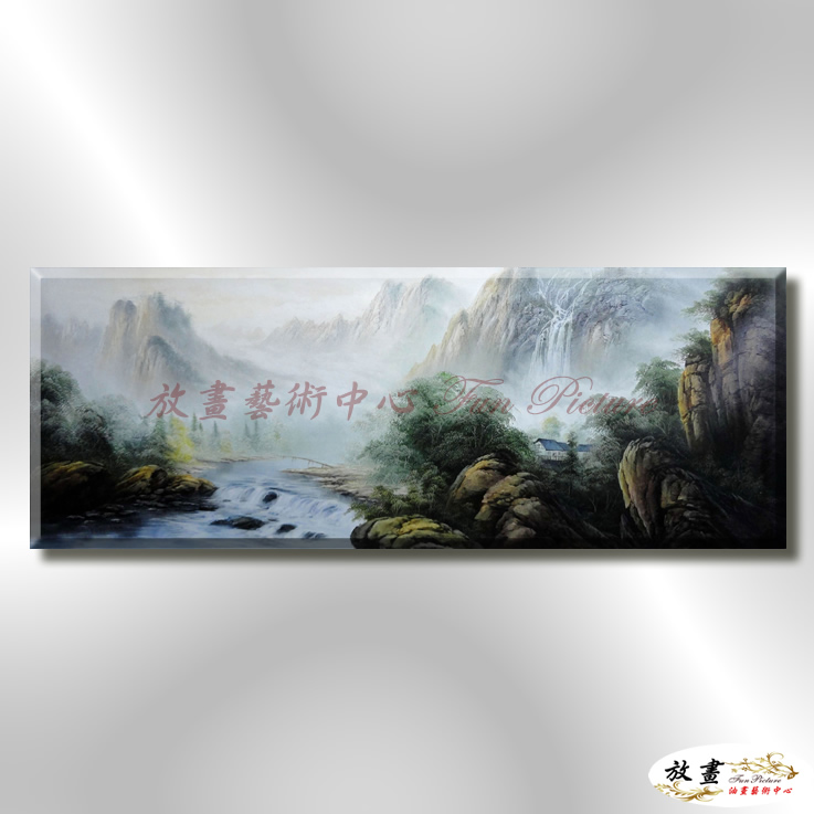 東方風景E172 純手繪 油畫 橫幅 灰綠 中性色系 中國風 山水畫 招財 無框畫 民宿 餐廳 辦公室