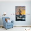 船景S71 純手繪 油畫 直幅 黃藍 中性色系 大海 藍天 海灣 海浪 夕陽 裝潢 室內設計 客廳掛畫