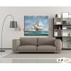 船景S77 純手繪 油畫 橫幅 藍底 冷色系 大海 藍天 海灣 海浪 夕陽 裝潢 室內設計 客廳掛畫