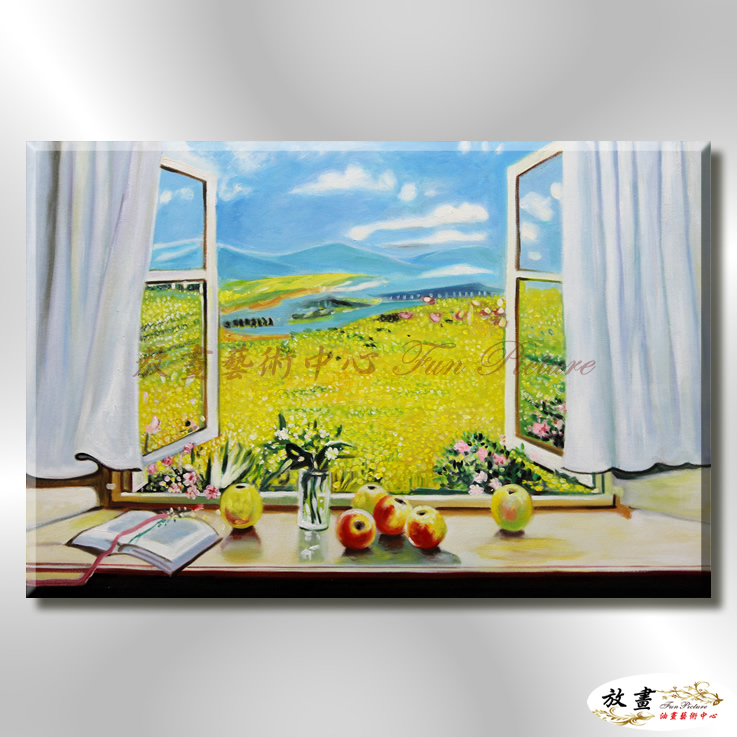 門窗景127 純手繪 油畫 橫幅 黃綠 暖色系 裝飾 畫飾 無框畫 民宿 餐廳 裝潢 實拍影片